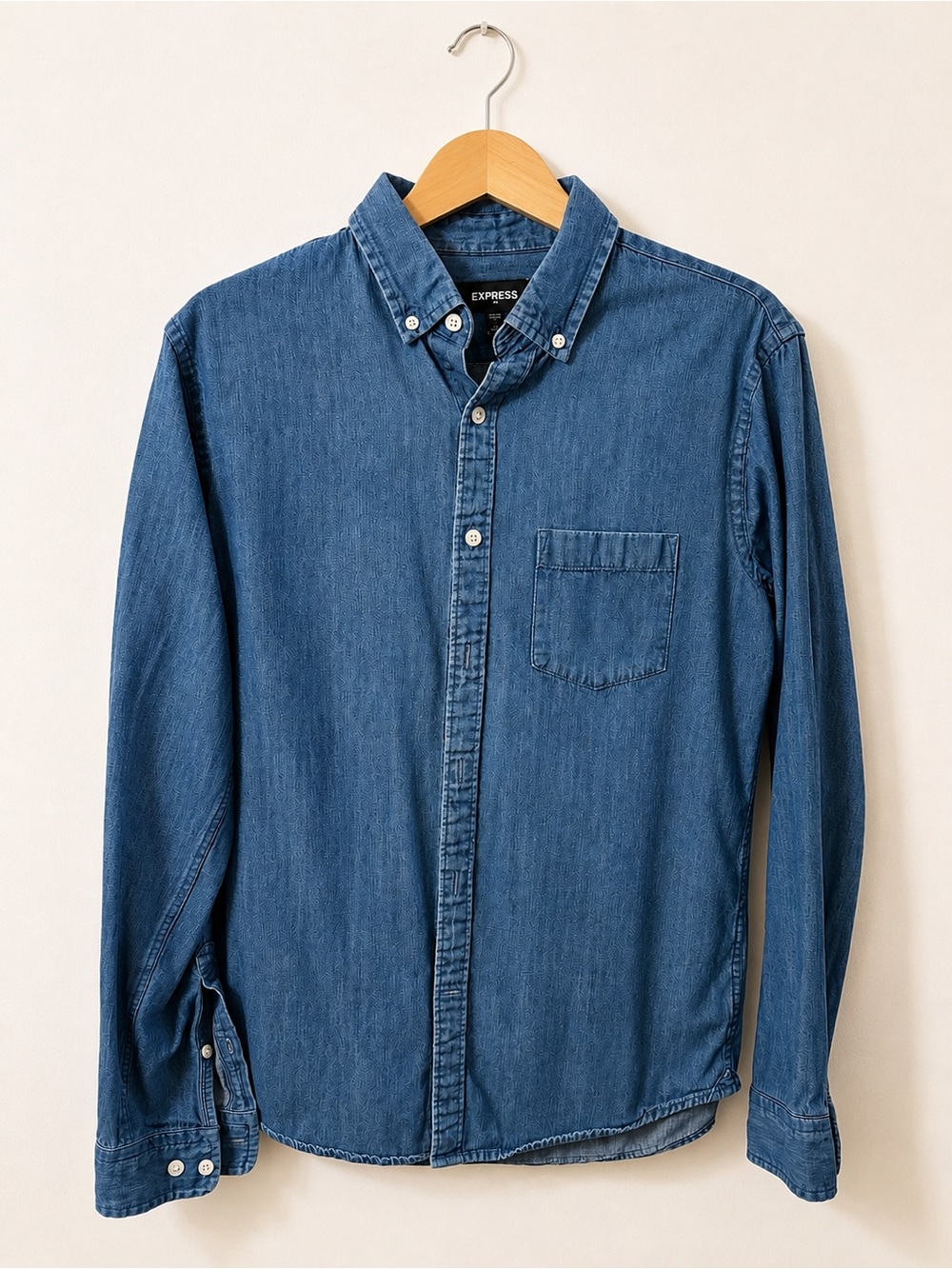 Express Men's Dark Blue Denim Button-Down Shirt
